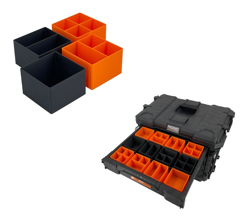 May include: A black tool box with an open drawer containing orange and black storage compartments. The tool box has the word "RIDGID" printed on the side.