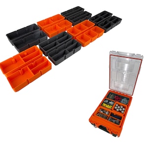 May include: A set of orange and gray plastic storage bins with dividers. The bins are stacked on top of each other. The bins are empty, but there is a separate image of a bin filled with small parts.