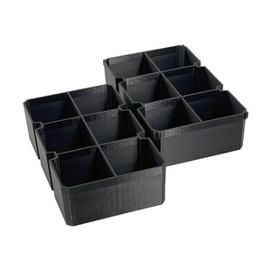 May include: Black plastic organizer with multiple compartments. The organizer is divided into several rectangular sections, ideal for storing small items. The design is simple and functional, suitable for various organizational needs.