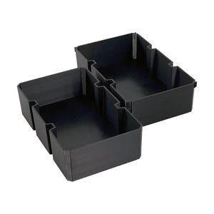 May include: Black plastic storage organizers in various sizes, designed to interlock. The organizers have a simple, rectangular shape with open tops and are suitable for organizing items in drawers or on shelves.