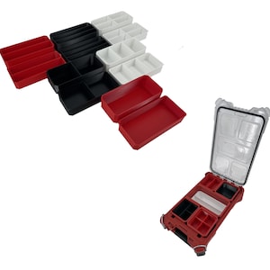 May include: A set of red, black and white plastic storage containers with dividers. The containers are stacked on top of each other. A red plastic toolbox with a clear lid is open and shows the interior compartments.