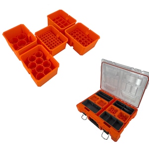 May include: Orange plastic storage containers with various compartments and a clear lid. The containers are designed to organise small items.