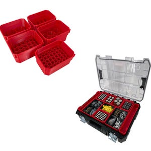 May include: Five red plastic storage containers with compartments for organizing small items, and a black and clear plastic tool box with a variety of small parts and tools inside.