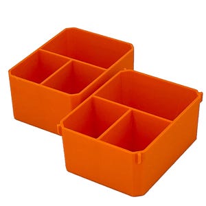 May include: Two bright orange plastic storage organisers. Each organiser is divided into three compartments. The containers are designed to hold small items and keep them organised. The containers are made of a durable plastic material.