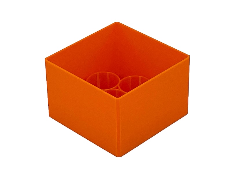 May include: Orange plastic storage box with three compartments. The box is empty.