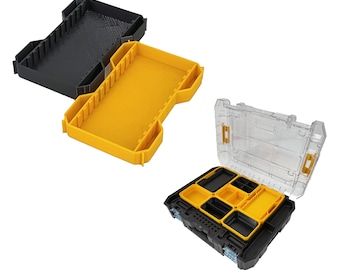 May include: Three plastic storage organizers. One black, one yellow, and one clear with a black base and yellow inserts. The organizers have multiple compartments and are designed for tools or small items.