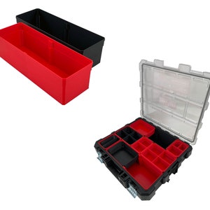 May include: Two storage boxes, one red and one black, with a clear lid. The black box has multiple compartments inside.