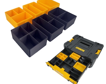 May include: A set of six yellow and black plastic storage bins with dividers. The bins are stacked on top of each other. The bins are labeled "DEWALT".