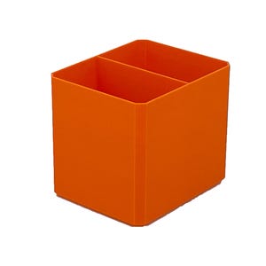 May include: A bright orange desk organizer with two compartments. The cube-shaped container is made of a solid material and is designed to hold pens, pencils, or other office supplies. The organizer is shown against a white background.