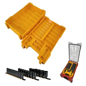 May include: Two yellow plastic socket organizers with multiple compartments for storing sockets. A set of black sockets is shown in the bottom left corner. A red and black socket organizer with a clear lid is shown in the bottom right corner.
