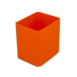 May include: An orange rectangular container with a square opening. The container is made of a solid, opaque material and has a smooth surface. The container is empty and sits on a white background. The container is a vibrant shade of orange.