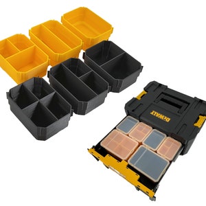May include: A black and yellow DEWALT tool organizer with a pull-out drawer filled with clear and gray storage containers. Additional yellow and black storage bins are arranged around the organizer. The organizer is designed for tool storage.