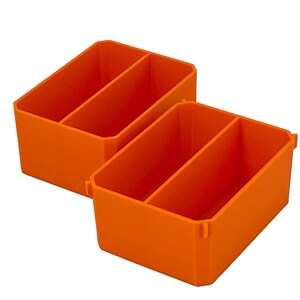 May include: Two orange plastic storage bins, each with three compartments. The rectangular bins have angled sides and a divider, creating three sections. The bins are empty and are set against a white background.