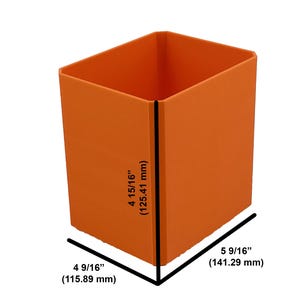 May include: Orange rectangular container with dimensions of 4 9/16 inches (115.89 mm) by 5 9/16 inches (141.29 mm) and a height of 4 15/16 inches (125.41 mm). The container is empty and has a square shape.