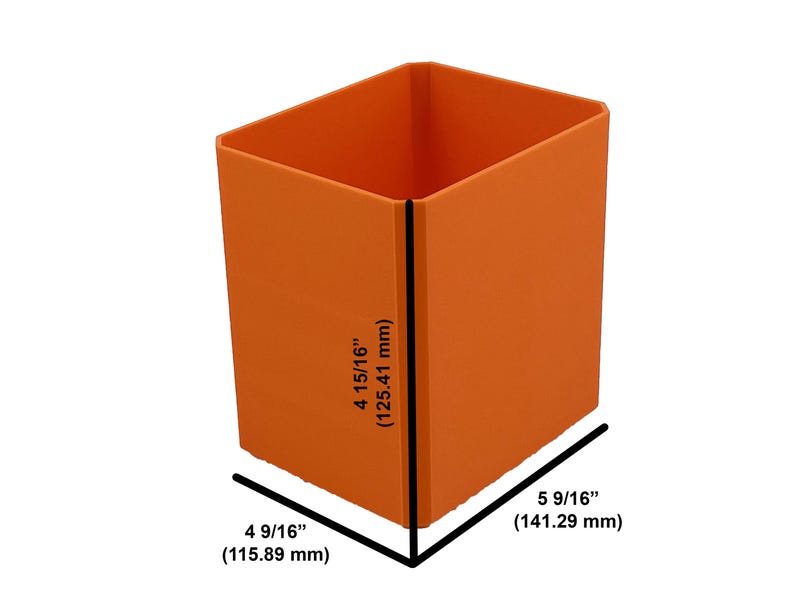 May include: Orange rectangular container with dimensions of 4 9/16 inches (115.89 mm) by 5 9/16 inches (141.29 mm) and a height of 4 15/16 inches (125.41 mm). The container is empty and has a square shape.