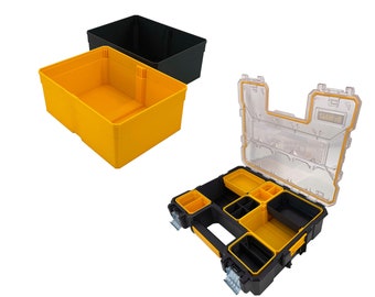 May include: A yellow and black plastic tool box with a clear lid. The box has multiple compartments for organizing small tools. The lid has the word "DEWALT" printed on it.