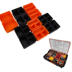 May include: Several orange and black storage containers, some with internal dividers, are displayed against a white backdrop. An open toolbox, filled with small components, is also present, demonstrating the containers' organisational capabilities.