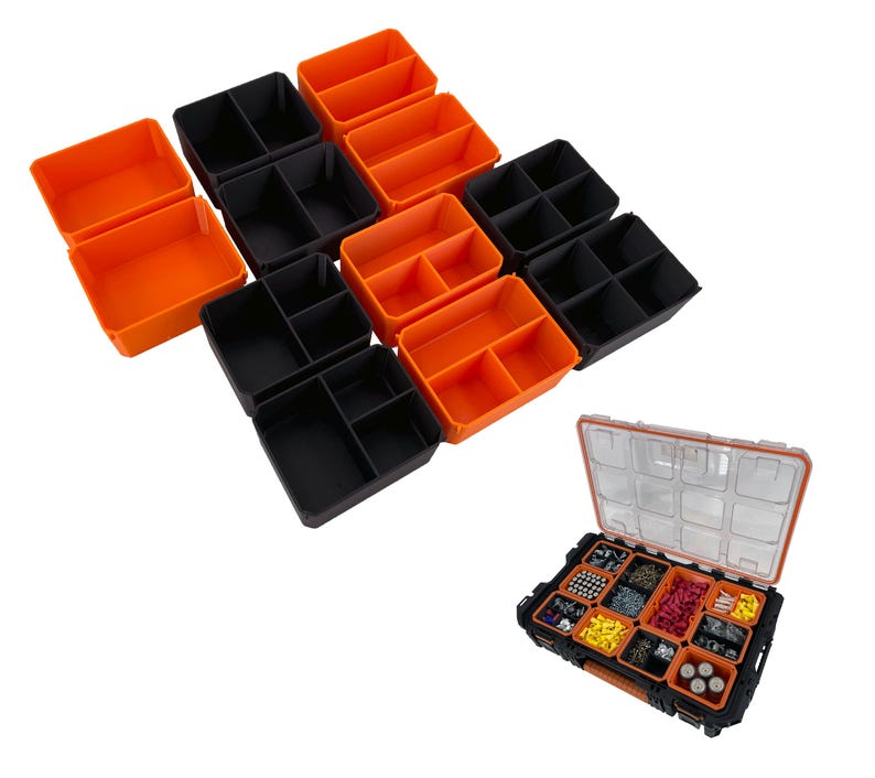 May include: Several orange and black storage containers, some with internal dividers, are displayed against a white backdrop. An open toolbox, filled with small components, is also present, demonstrating the containers' organisational capabilities.