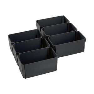 May include: Six black plastic storage bins arranged in a hexagonal pattern. Each bin is rectangular with a slightly tapered design. The bins are designed to organize items in drawers or on shelves.