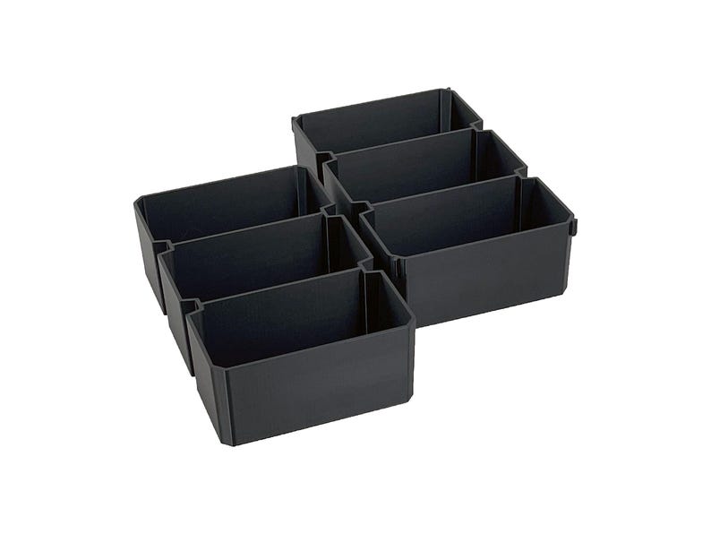 May include: Six black plastic storage bins arranged in a hexagonal pattern. Each bin is rectangular with a slightly tapered design. The bins are designed to organize items in drawers or on shelves.