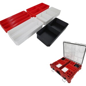 May include: Four plastic storage trays with dividers, one red, one white, one black, and one clear. The trays are designed to fit inside a larger storage box.
