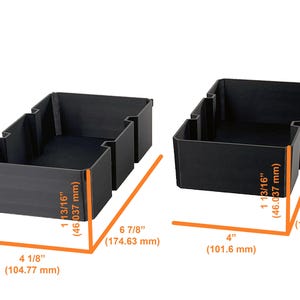May include: Two black rectangular storage bins. The larger bin is 4 1/8" long, 6 7/8" wide, and 1 13/16" high. The smaller bin is 4" long, 6 3/4" wide, and 1 13/16" high. Measurements are in inches and millimeters.