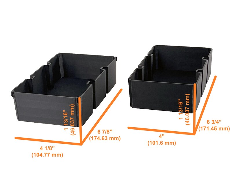 May include: Two black rectangular storage bins. The larger bin is 4 1/8" long, 6 7/8" wide, and 1 13/16" high. The smaller bin is 4" long, 6 3/4" wide, and 1 13/16" high. Measurements are in inches and millimeters.