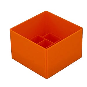 May include: Orange plastic organizer with six compartments. The organizer is square shaped and has a smooth surface.