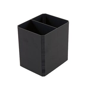May include: A black desk organizer with two compartments. The organizer is a rectangular prism shape with a vertical divider. The exterior is a matte black finish. The organizer is designed to hold pens, pencils, and other office supplies.