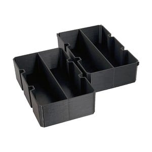 May include: Two black, rectangular storage organizers with multiple compartments. The organizers are made of a textured material and are designed to fit inside a drawer or cabinet. The compartments are divided by vertical dividers.