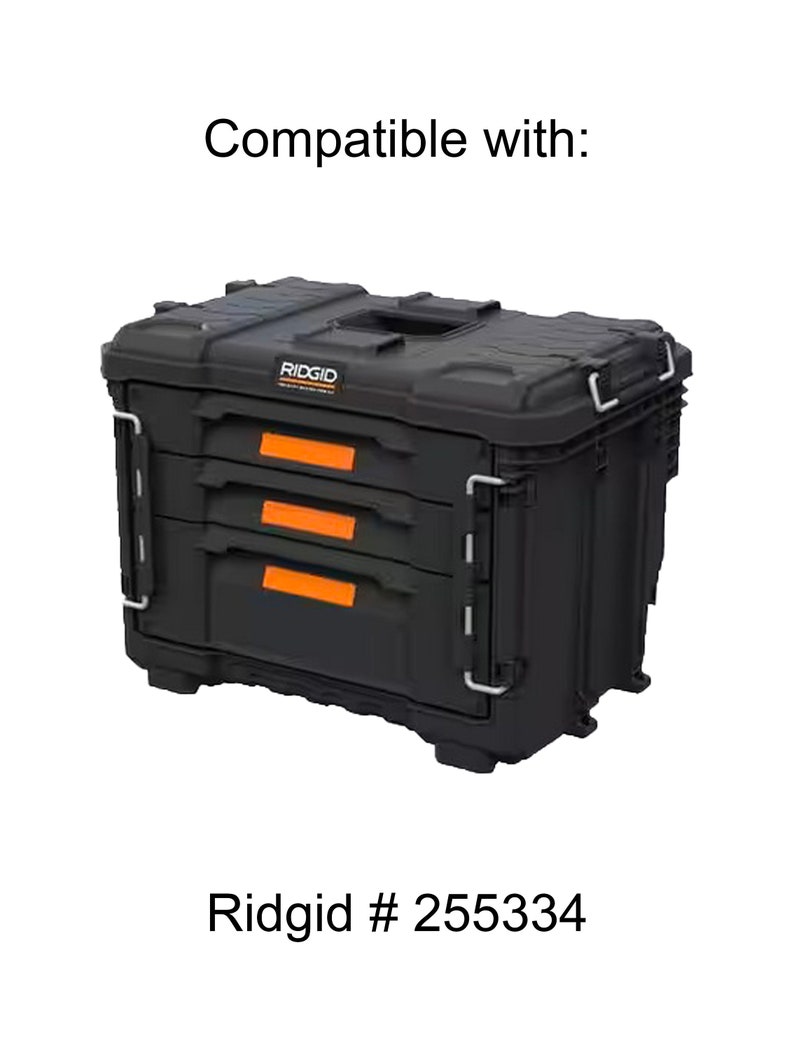 May include: Black tool box with three drawers and the Ridgid logo. Compatible with Ridgid # 255334.