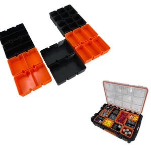 May include: An open black and orange organizer case with a clear lid, filled with various small parts. Several black and orange compartment trays are arranged around the case. The case is black with orange accents.