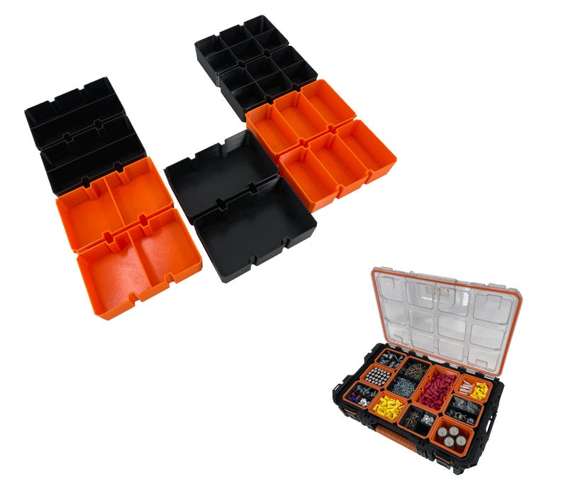 May include: An open black and orange organizer case with a clear lid, filled with various small parts. Several black and orange compartment trays are arranged around the case. The case is black with orange accents.