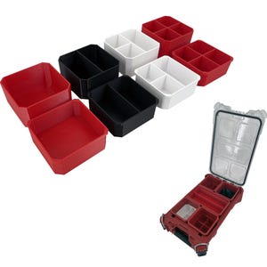May include: A set of six small, stackable storage containers in red, white, and black. The containers have multiple compartments and are designed to fit inside a larger storage box.