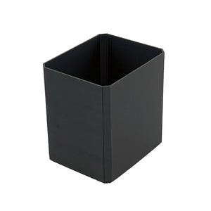 May include: A black, square-shaped container with an open top. The container is made of a solid, matte material and has a simple, modern design. The interior is also black. The container is suitable for office or home organization.