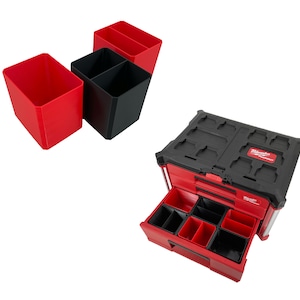 May include: A red and black tool organizer with multiple compartments. The organizer has a black top and a red bottom with a drawer that pulls out. The drawer has multiple compartments for organizing small tools. The text "Milwaukee PACKOUT" is printed on the top of the organizer.