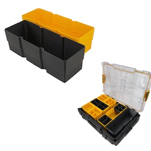 May include: Two black and yellow toolboxes with removable trays. The top toolbox is open and the bottom toolbox is closed.