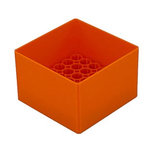 May include: Orange plastic storage box with a honeycomb-like design inside. The box is empty.