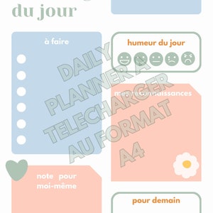 May include: A light blue and pink daily planner with the text "Planning du jour" at the top. The planner has sections for to-do lists, mood tracking, notes, and a section for tomorrow's plans.