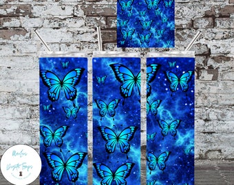 Blue 20 Oz skinny Tumbler Blue Butterflies wrap tapered straight template digital download sublimation graphics instant download sublimation