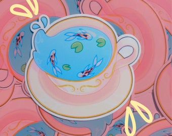 Tea Cup w/ Koi Laminated Sticker / Cute sticker / Kawaii sticker / Animal sticker / Vinyl sticker / Aesthetic sticker