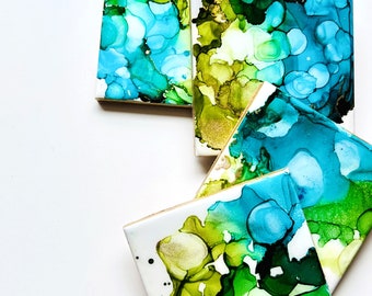 Ceramic Coasters (4) Handmade with alcohol ink and Protective glazes ART and protection for your furniture. Blue and Green