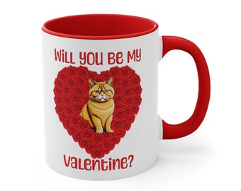 Valentine's Cat Mug, Red Roses, Will You Be My Valentine