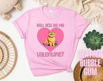Valentine's Unisex T-Shirt, Cute Cat with Roses, Romantic 'Will You Be My Valentine' Tee, Perfect Gift for Lovebirds and Cat Lover's