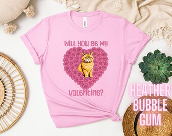 Valentine's Rose's Unisex T-Shirt, Cute Cat with Roses, Romantic 'Will You Be My Valentine' Tee, Perfect Gift for Lovebirds and Cat Lover's
