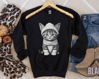 Christmas Cat Sweatshirt, Winter Kitten Sweater, Cozy Crewneck