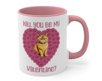 Cat Valentine Mug, Pink Roses, Will You Be My Valentine, 11oz