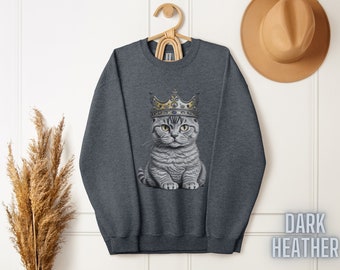 King Cat Sweatshirt, Regal Feline, Unisex Cat Lover Gift