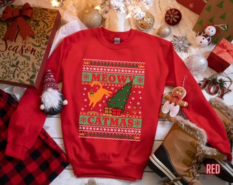 Holiday Christmas Sweater, Meowy Catmas, Ugly Christmas Sweater for Women and Men, Funny Party Sweatshirt