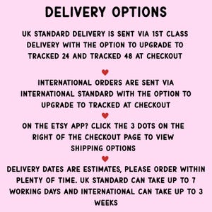 May include: A light pink informational graphic with black text titled DELIVERY OPTIONS. It details UK and international shipping methods, including tracked upgrades, Etsy app instructions, and estimated delivery timeframes for orders.